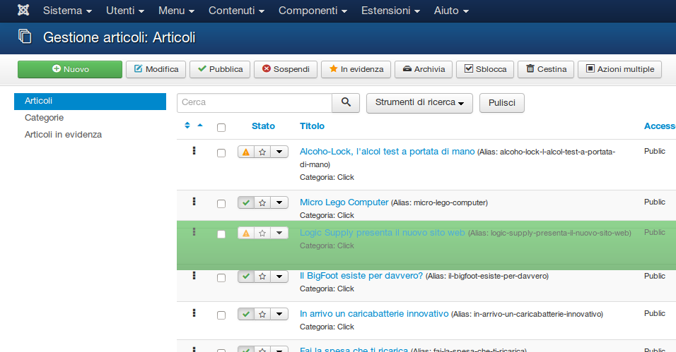 Schermata gestione articoli di Joomla 3.x